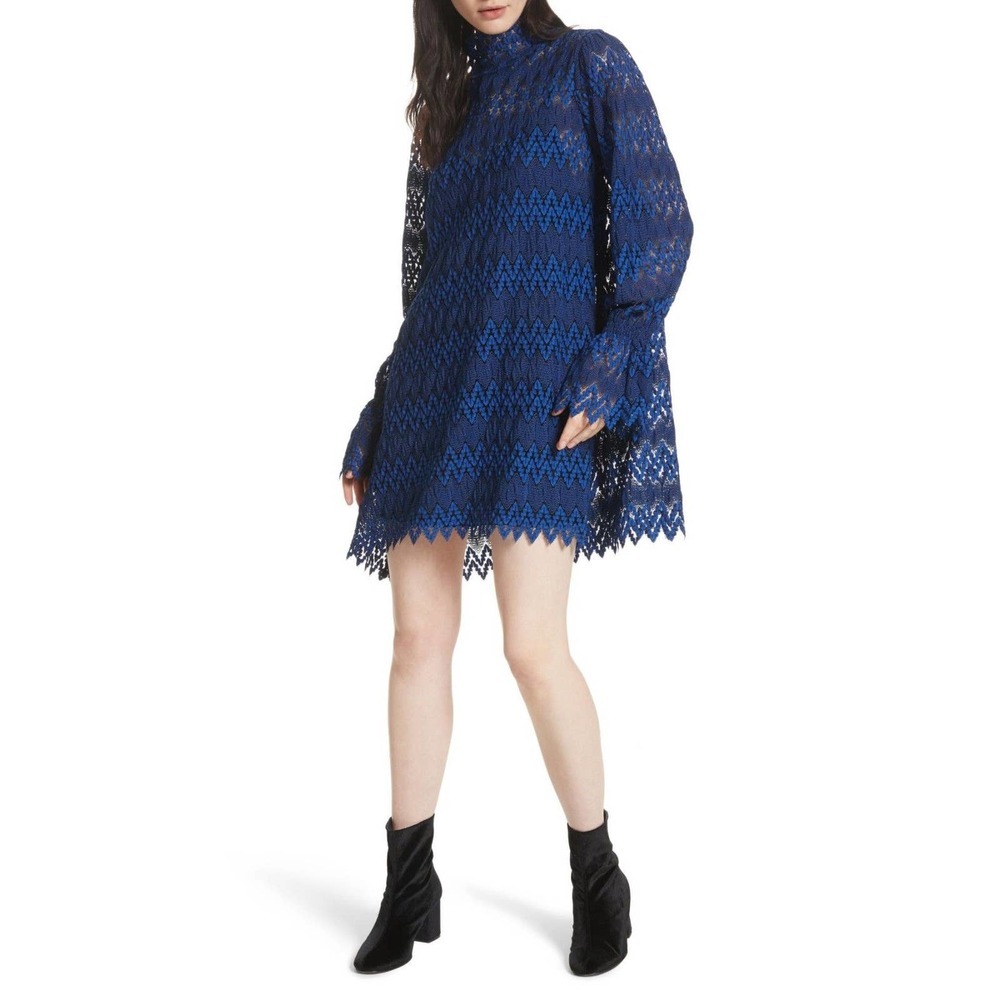 Women's Free People Simone Lace Bell Sleeves Party Dress Blue Black Size S - NWT